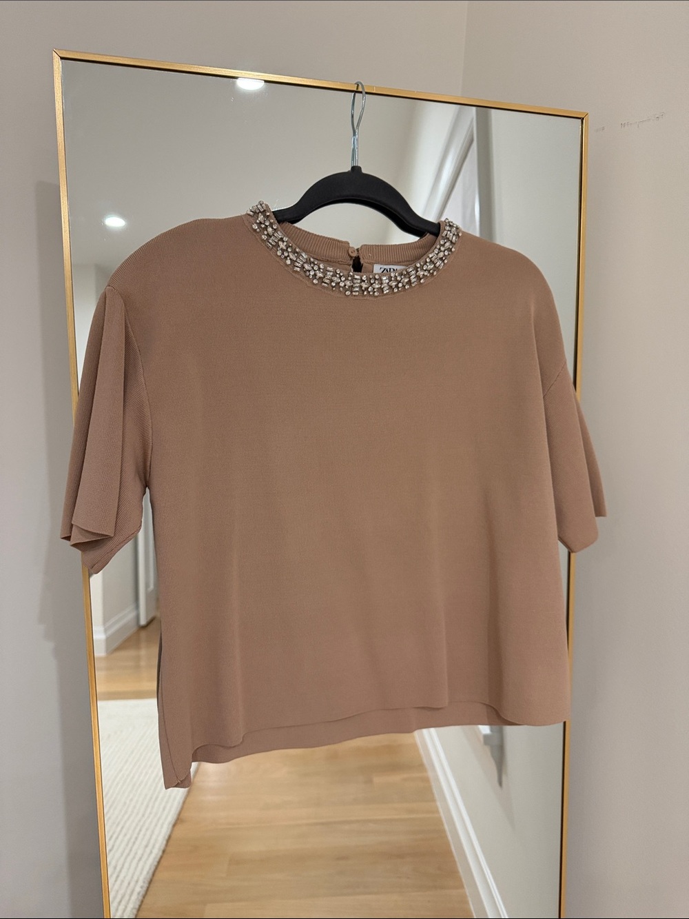 Zara Taupe Short-Sleeve Blouse with Jeweled Neckline